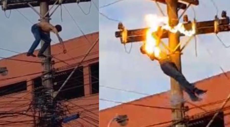 Homem alcoolizado sobe em poste de energia, tenta se equilibrar em fios, toma choque e cai; veja vídeo 1