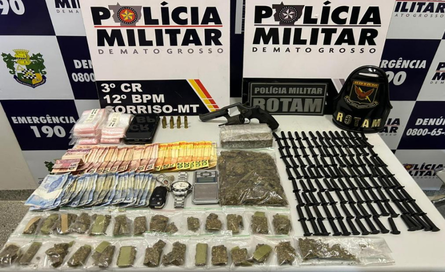 Polícia Militar prende três pessoas e apreende arma de fogo e drogas em Sorriso 1