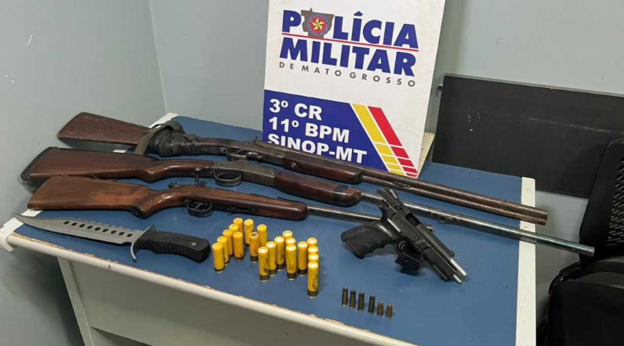 Suspeito de ameaça é preso pela PM com três espingardas e uma pistola em Sinop 1