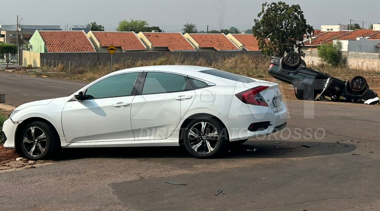 Condutores saem ilesos após colisão seguida de capotamento em cruzamento de Rondonópolis 1